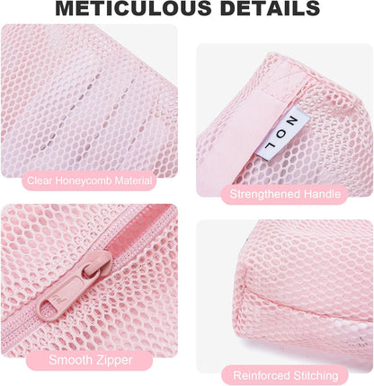 3-Pack Mesh Travel Toiletry Bags - Clear Zipper Travel Organizer, Airport Carry-On Compliant Reusable Cosmetic Makeup Bag for Women & Men (Dark pink)