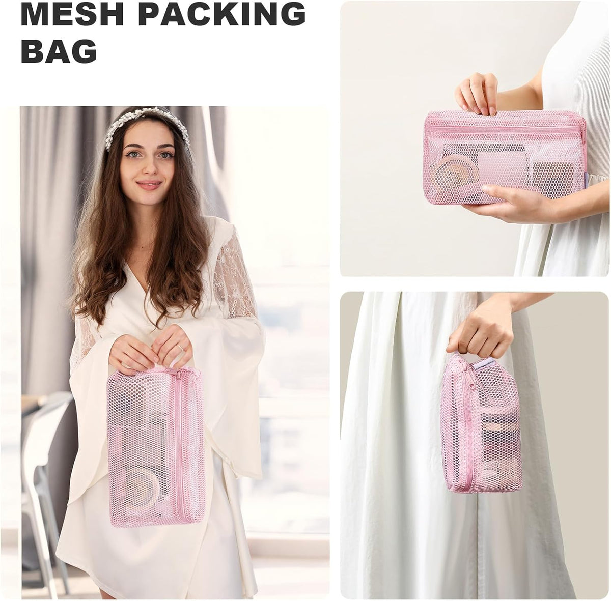 3-Pack Mesh Travel Toiletry Bags - Clear Zipper Travel Organizer, Airport Carry-On Compliant Reusable Cosmetic Makeup Bag for Women & Men (Dark pink)