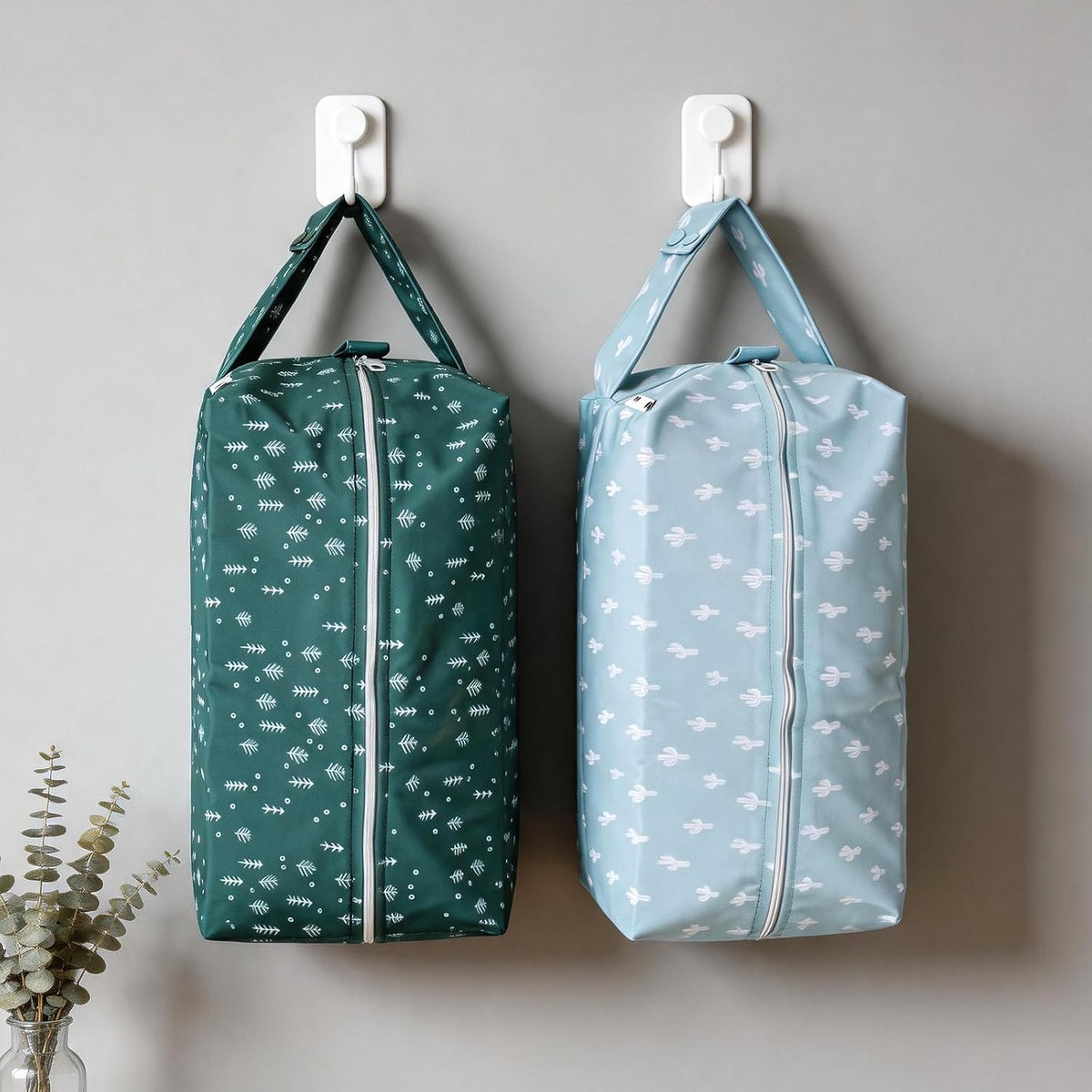 2 Pack Wet Dry Bags on the Go, Swimming Pool, Beach, in Gym, Fitness Center, Natatorium, Polyester Waterproof Diaper Bag with 2 Pockets, Portable, Reusable, Machine Washable-12in/16in-017