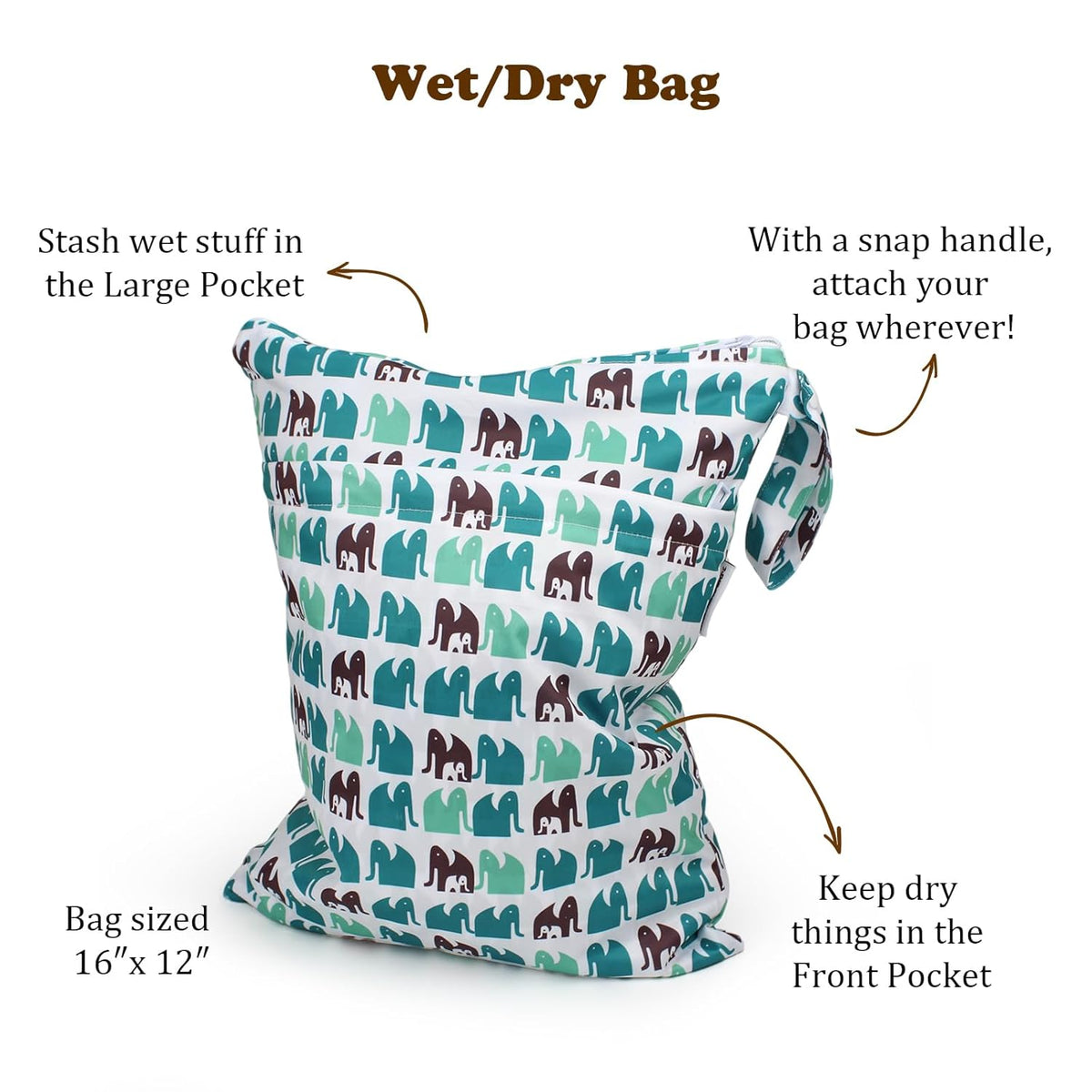 2 Pack Wet Dry Bags on the Go, Swimming Pool, Beach, in Gym, Fitness Center, Natatorium, Polyester Waterproof Diaper Bag with 2 Pockets, Portable, Reusable, Machine Washable-12in/16in-017