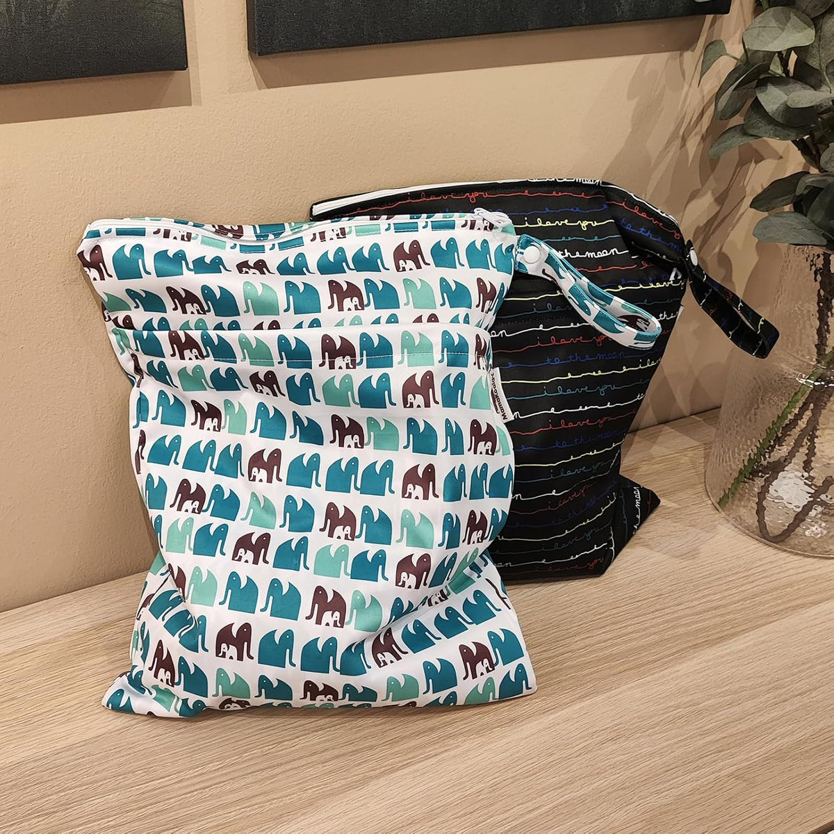 2 Pack Wet Dry Bags on the Go, Swimming Pool, Beach, in Gym, Fitness Center, Natatorium, Polyester Waterproof Diaper Bag with 2 Pockets, Portable, Reusable, Machine Washable-12in/16in-017