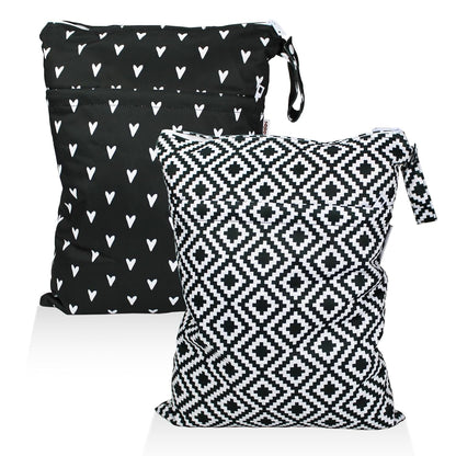 2 Pack Wet Dry Bags on the Go, Swimming Pool, Beach, in Gym, Fitness Center, Natatorium, Polyester Waterproof Diaper Bag with 2 Pockets, Portable, Reusable, Machine Washable-12in/16in-017