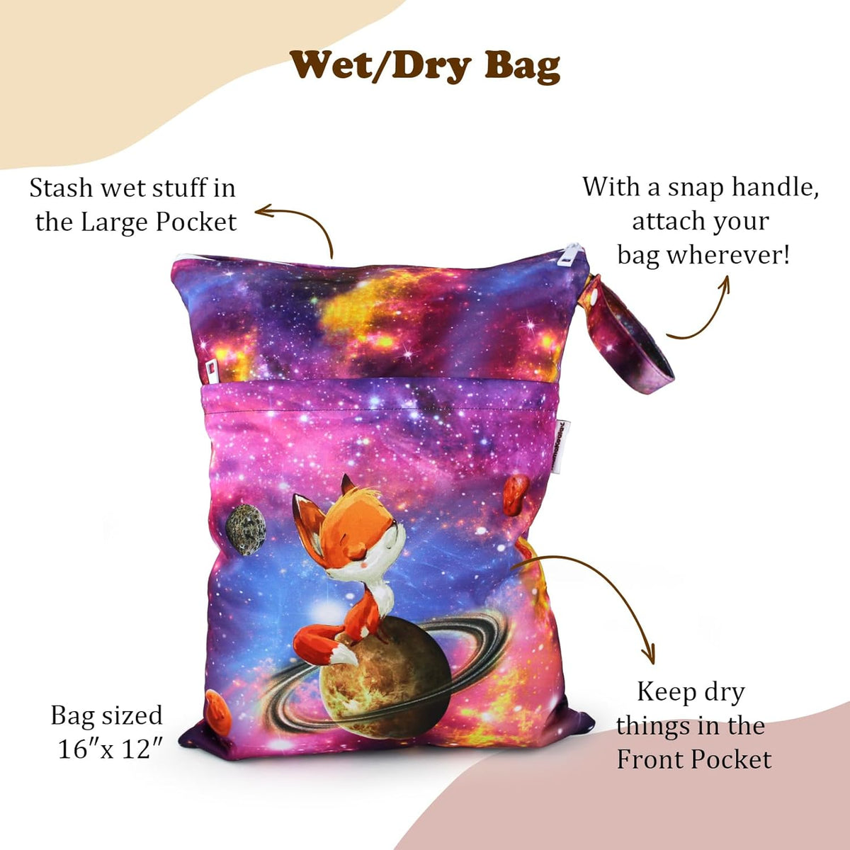 2 Pack Wet Dry Bags on the Go, Swimming Pool, Beach, in Gym, Fitness Center, Natatorium, Polyester Waterproof Diaper Bag with 2 Pockets, Portable, Reusable, Machine Washable-12in/16in-017