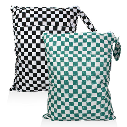 2 Pack Wet Dry Bags on the Go, Swimming Pool, Beach, in Gym, Fitness Center, Natatorium, Polyester Waterproof Diaper Bag with 2 Pockets, Portable, Reusable, Machine Washable-12in/16in-017