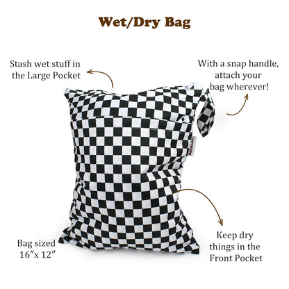 2 Pack Wet Dry Bags on the Go, Swimming Pool, Beach, in Gym, Fitness Center, Natatorium, Polyester Waterproof Diaper Bag with 2 Pockets, Portable, Reusable, Machine Washable-12in/16in-017