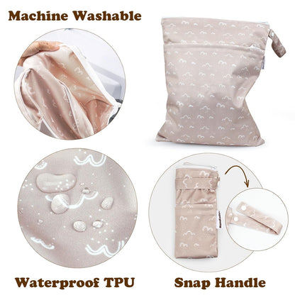 2 Pack Wet Dry Bags on the Go, Swimming Pool, Beach, in Gym, Fitness Center, Natatorium, Polyester Waterproof Diaper Bag with 2 Pockets, Portable, Reusable, Machine Washable-12in/16in-017