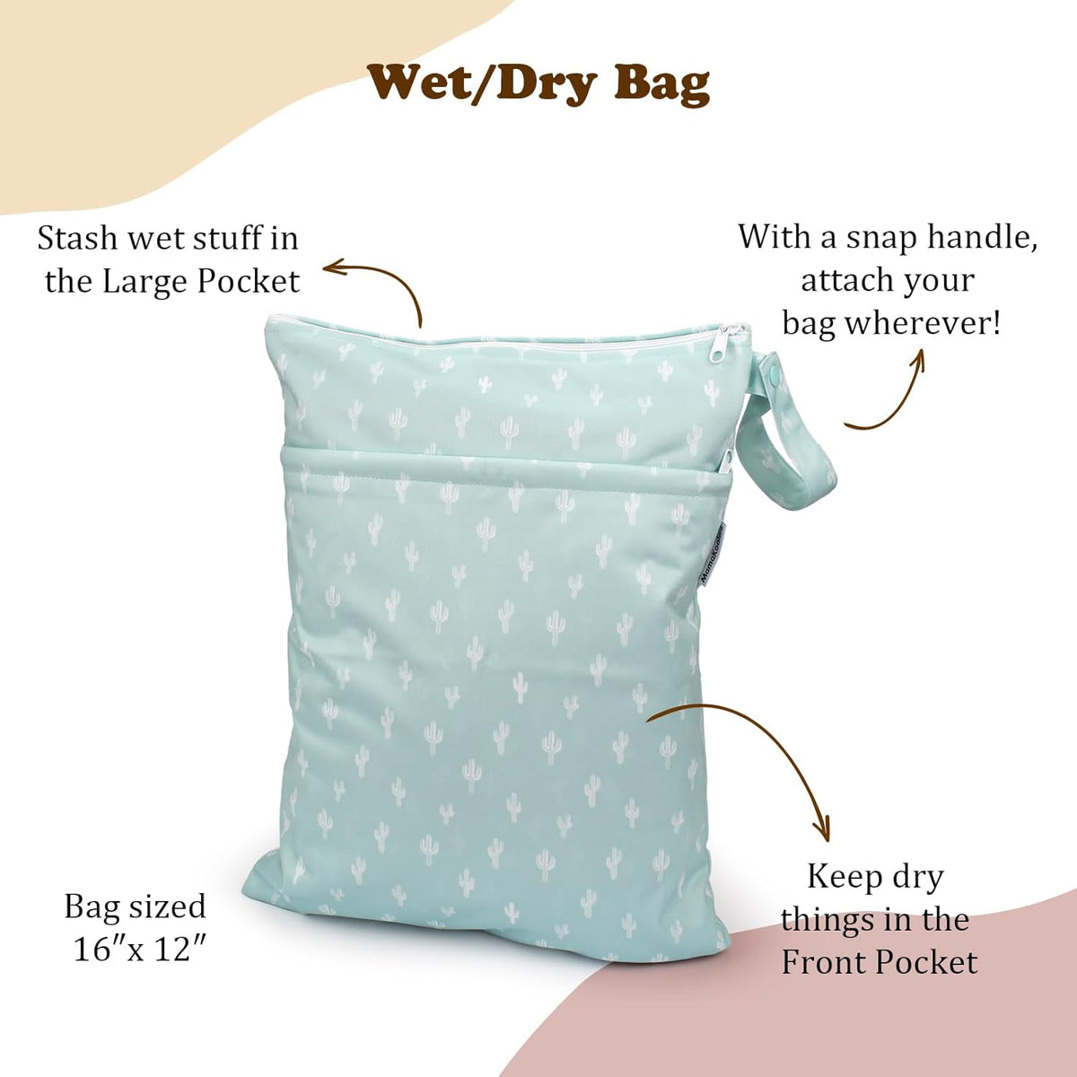 2 Pack Wet Dry Bags on the Go, Swimming Pool, Beach, in Gym, Fitness Center, Natatorium, Polyester Waterproof Diaper Bag with 2 Pockets, Portable, Reusable, Machine Washable-12in/16in-017