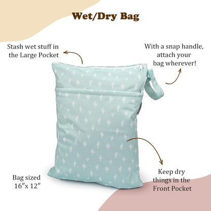 2 Pack Wet Dry Bags on the Go, Swimming Pool, Beach, in Gym, Fitness Center, Natatorium, Polyester Waterproof Diaper Bag with 2 Pockets, Portable, Reusable, Machine Washable-12in/16in-017