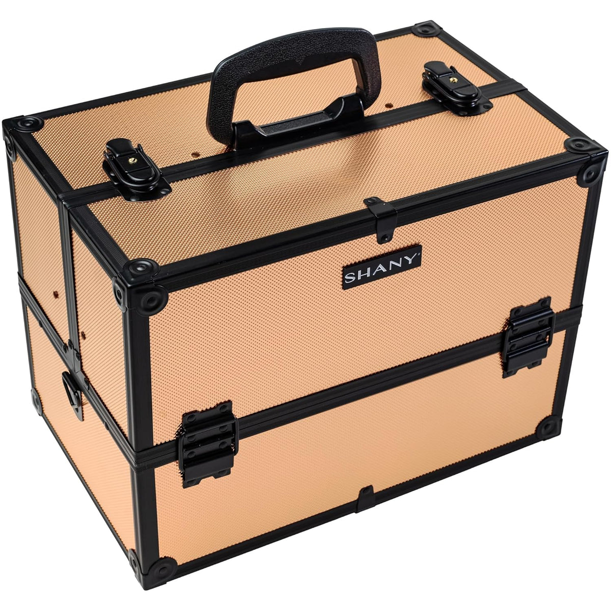 SHANY Essential Pro Makeup Train Case Cosmetic Box Portable Makeup Case Cosmetics Beauty Organizer Jewelry storage with Locks, Multi Compartments Makeup Box and Shoulder Strap - Rose Gold