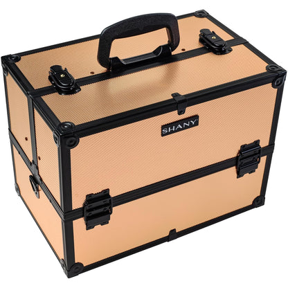 SHANY Essential Pro Makeup Train Case Cosmetic Box Portable Makeup Case Cosmetics Beauty Organizer Jewelry storage with Locks, Multi Compartments Makeup Box and Shoulder Strap - Rose Gold