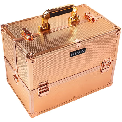 SHANY Essential Pro Makeup Train Case Cosmetic Box Portable Makeup Case Cosmetics Beauty Organizer Jewelry storage with Locks, Multi Compartments Makeup Box and Shoulder Strap - Rose Gold