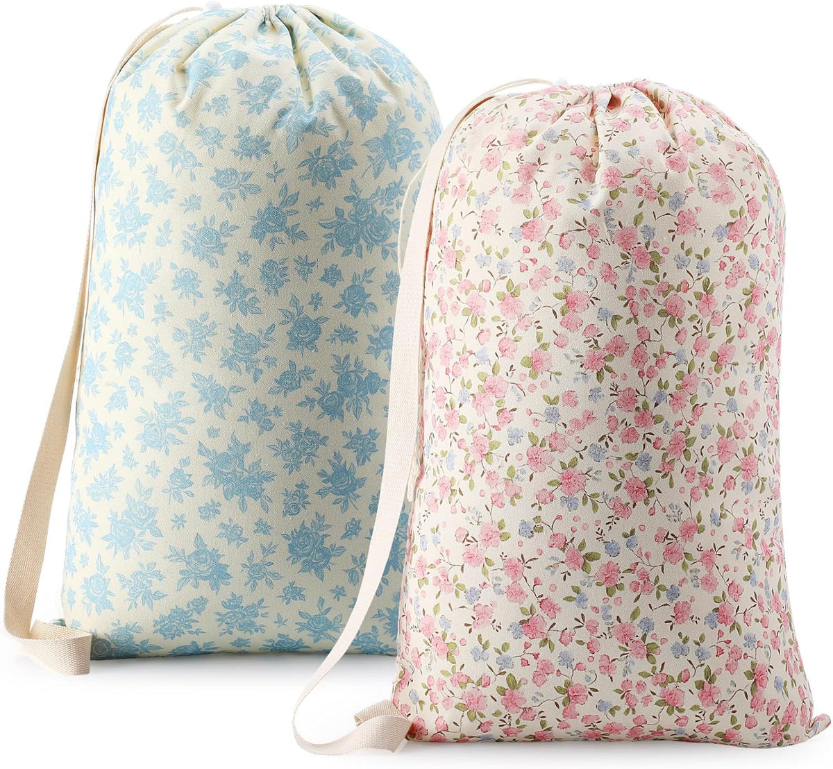 2 Pcs Floral Laundry Bags 29" x 18" Pink Blue Canvas Travel Laundry Bags with Drawstring Shoulder Straps Washable Dirty Clothes Hamper Organizer for College Dorm Laundromat Apartment Camping