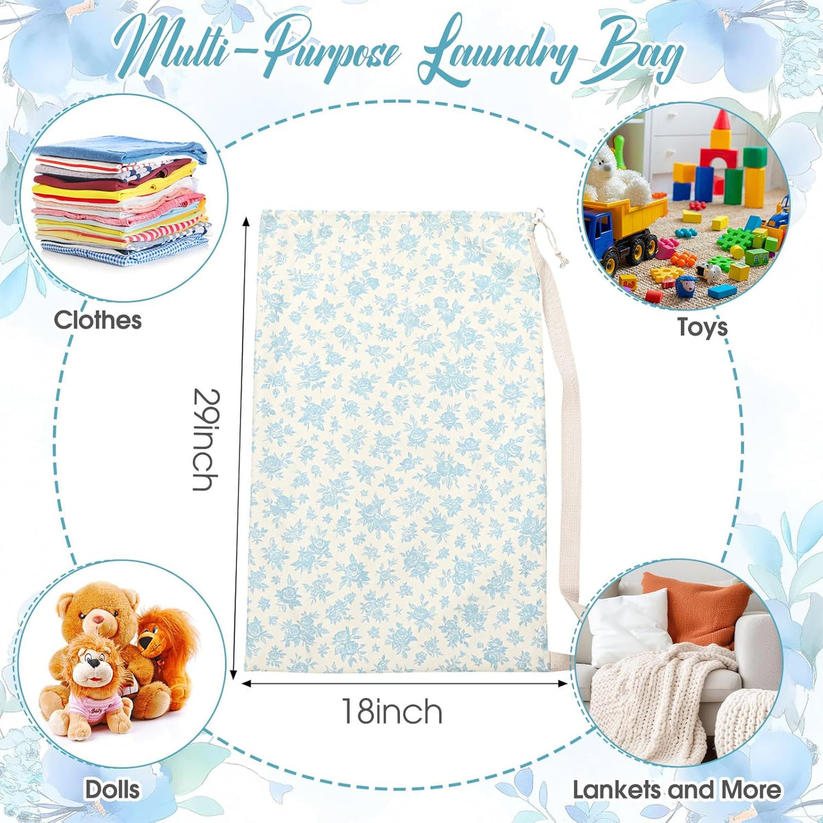 2 Pcs Floral Laundry Bags 29" x 18" Pink Blue Canvas Travel Laundry Bags with Drawstring Shoulder Straps Washable Dirty Clothes Hamper Organizer for College Dorm Laundromat Apartment Camping