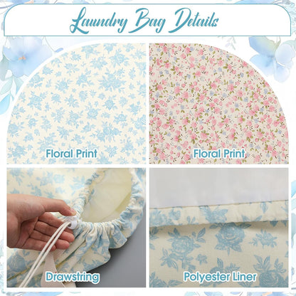 2 Pcs Floral Laundry Bags 29" x 18" Pink Blue Canvas Travel Laundry Bags with Drawstring Shoulder Straps Washable Dirty Clothes Hamper Organizer for College Dorm Laundromat Apartment Camping