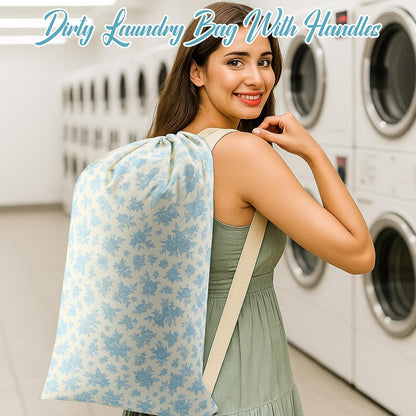 2 Pcs Floral Laundry Bags 29" x 18" Pink Blue Canvas Travel Laundry Bags with Drawstring Shoulder Straps Washable Dirty Clothes Hamper Organizer for College Dorm Laundromat Apartment Camping