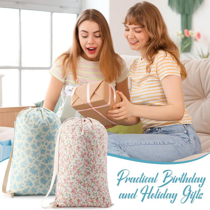 2 Pcs Floral Laundry Bags 29" x 18" Pink Blue Canvas Travel Laundry Bags with Drawstring Shoulder Straps Washable Dirty Clothes Hamper Organizer for College Dorm Laundromat Apartment Camping