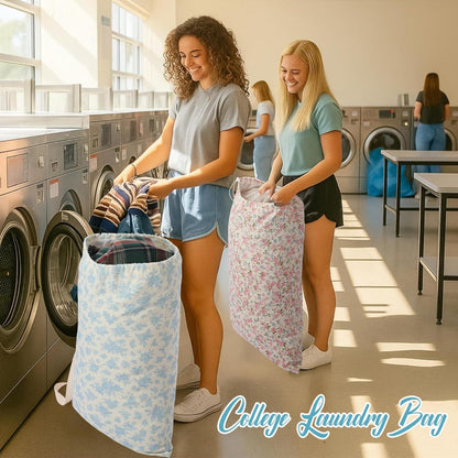 2 Pcs Floral Laundry Bags 29" x 18" Pink Blue Canvas Travel Laundry Bags with Drawstring Shoulder Straps Washable Dirty Clothes Hamper Organizer for College Dorm Laundromat Apartment Camping