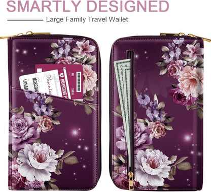Family Passport Holder for Travel 4 5 or 6 Passports RFID Blocking | Multi-Passport Wallet, Travel Document Organizer, Zippered Case for Family, Group Travel, Cruise, Vacation,Watercoler Floral