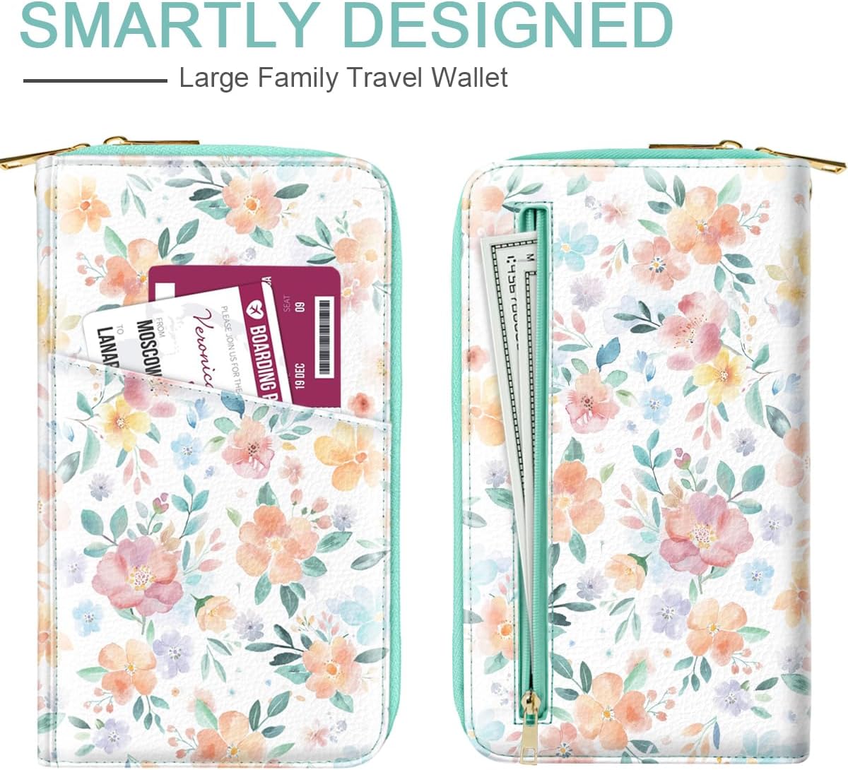 Family Passport Holder for Travel 4 5 or 6 Passports RFID Blocking | Multi-Passport Wallet, Travel Document Organizer, Zippered Case for Family, Group Travel, Cruise, Vacation,Watercoler Floral