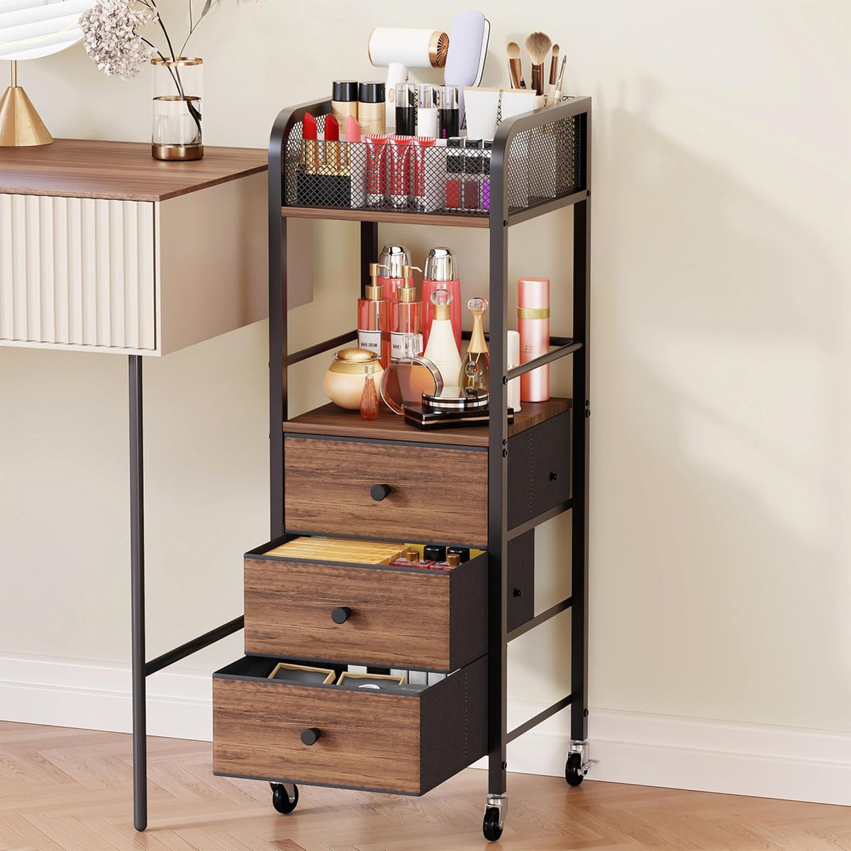 Rolling Makeup Cart Organizer - Floor Skincare Make Up Storage with 3 Non-woven Fabric Drawers, Vanity Organizer Cosmetic Display Cases Holder for Skin Care Perfume Nail Polish Brush Hair Tool