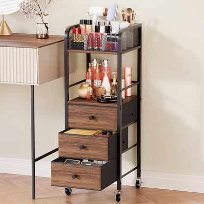 Rolling Makeup Cart Organizer - Floor Skincare Make Up Storage with 3 Non-woven Fabric Drawers, Vanity Organizer Cosmetic Display Cases Holder for Skin Care Perfume Nail Polish Brush Hair Tool