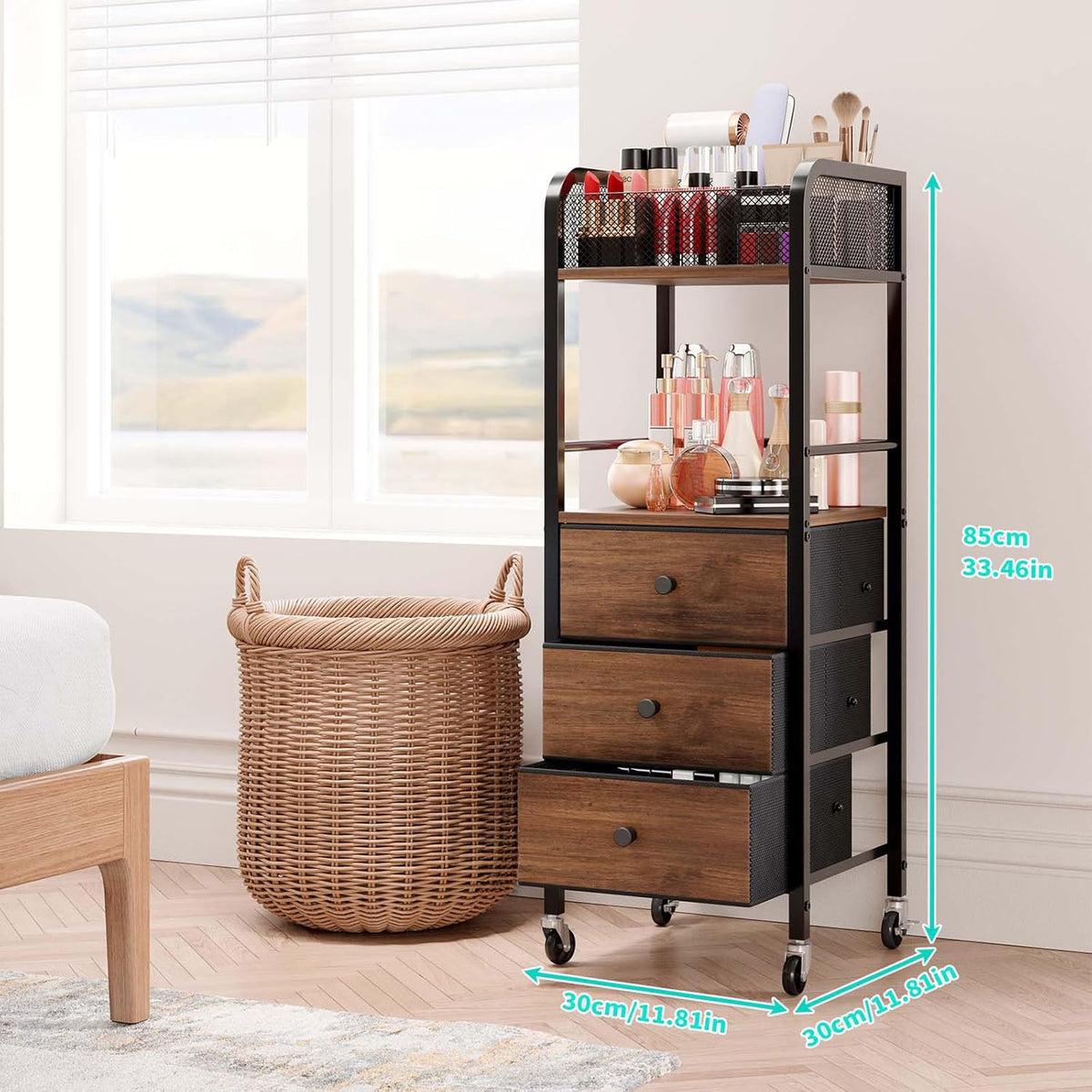 Rolling Makeup Cart Organizer - Floor Skincare Make Up Storage with 3 Non-woven Fabric Drawers, Vanity Organizer Cosmetic Display Cases Holder for Skin Care Perfume Nail Polish Brush Hair Tool