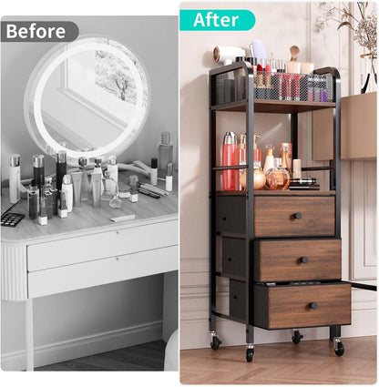 Rolling Makeup Cart Organizer - Floor Skincare Make Up Storage with 3 Non-woven Fabric Drawers, Vanity Organizer Cosmetic Display Cases Holder for Skin Care Perfume Nail Polish Brush Hair Tool