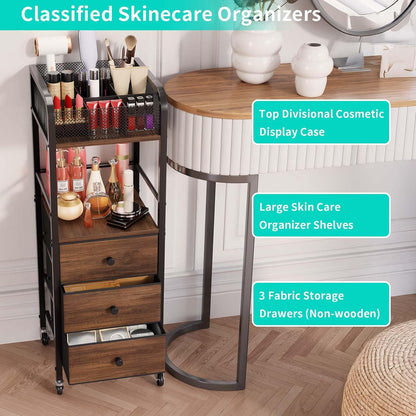 Rolling Makeup Cart Organizer - Floor Skincare Make Up Storage with 3 Non-woven Fabric Drawers, Vanity Organizer Cosmetic Display Cases Holder for Skin Care Perfume Nail Polish Brush Hair Tool