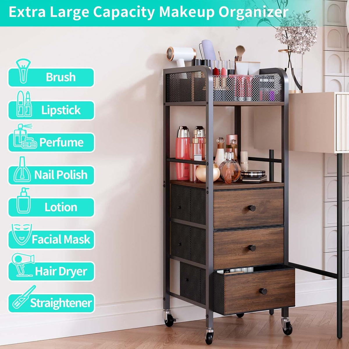 Rolling Makeup Cart Organizer - Floor Skincare Make Up Storage with 3 Non-woven Fabric Drawers, Vanity Organizer Cosmetic Display Cases Holder for Skin Care Perfume Nail Polish Brush Hair Tool