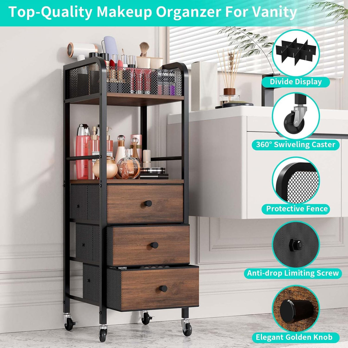 Rolling Makeup Cart Organizer - Floor Skincare Make Up Storage with 3 Non-woven Fabric Drawers, Vanity Organizer Cosmetic Display Cases Holder for Skin Care Perfume Nail Polish Brush Hair Tool