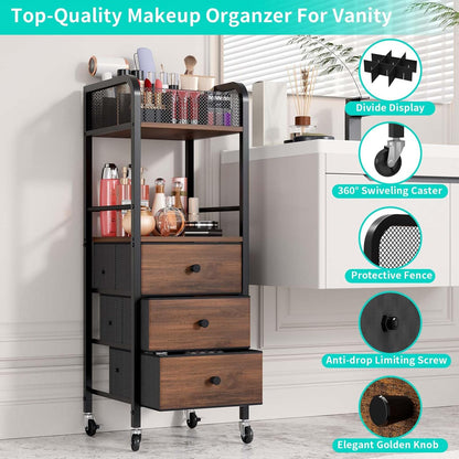 Rolling Makeup Cart Organizer - Floor Skincare Make Up Storage with 3 Non-woven Fabric Drawers, Vanity Organizer Cosmetic Display Cases Holder for Skin Care Perfume Nail Polish Brush Hair Tool
