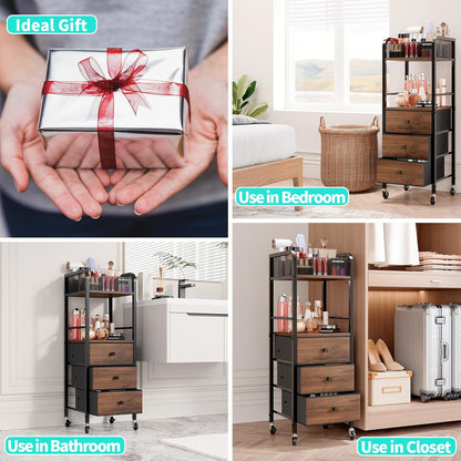 Rolling Makeup Cart Organizer - Floor Skincare Make Up Storage with 3 Non-woven Fabric Drawers, Vanity Organizer Cosmetic Display Cases Holder for Skin Care Perfume Nail Polish Brush Hair Tool