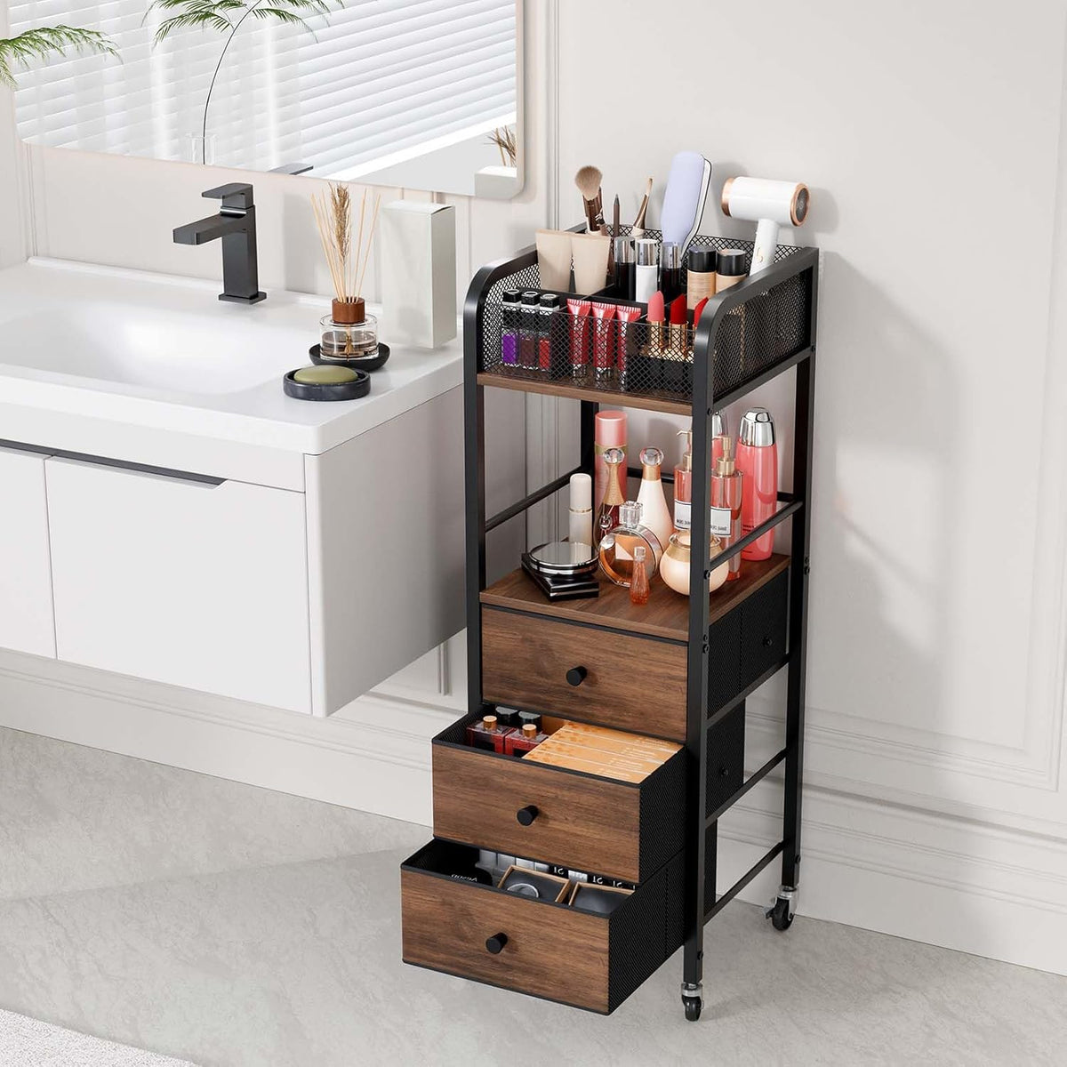 Rolling Makeup Cart Organizer - Floor Skincare Make Up Storage with 3 Non-woven Fabric Drawers, Vanity Organizer Cosmetic Display Cases Holder for Skin Care Perfume Nail Polish Brush Hair Tool