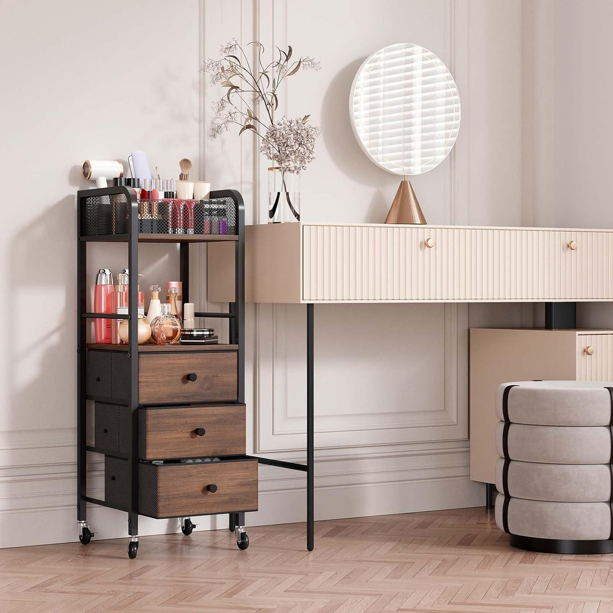 Rolling Makeup Cart Organizer - Floor Skincare Make Up Storage with 3 Non-woven Fabric Drawers, Vanity Organizer Cosmetic Display Cases Holder for Skin Care Perfume Nail Polish Brush Hair Tool