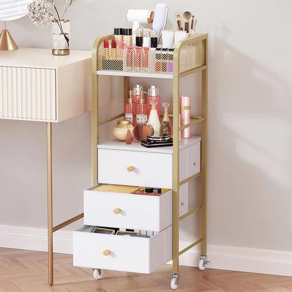 Rolling Makeup Cart Organizer - Floor Skincare Make Up Storage with 3 Non-woven Fabric Drawers, Vanity Organizer Cosmetic Display Cases Holder for Skin Care Perfume Nail Polish Brush Hair Tool