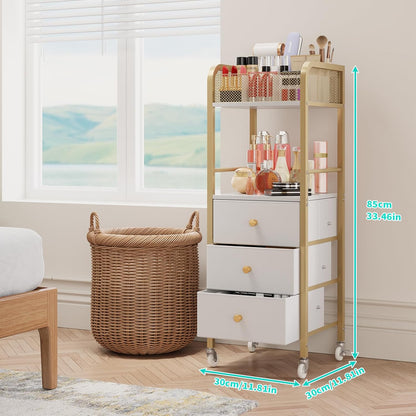 Rolling Makeup Cart Organizer - Floor Skincare Make Up Storage with 3 Non-woven Fabric Drawers, Vanity Organizer Cosmetic Display Cases Holder for Skin Care Perfume Nail Polish Brush Hair Tool