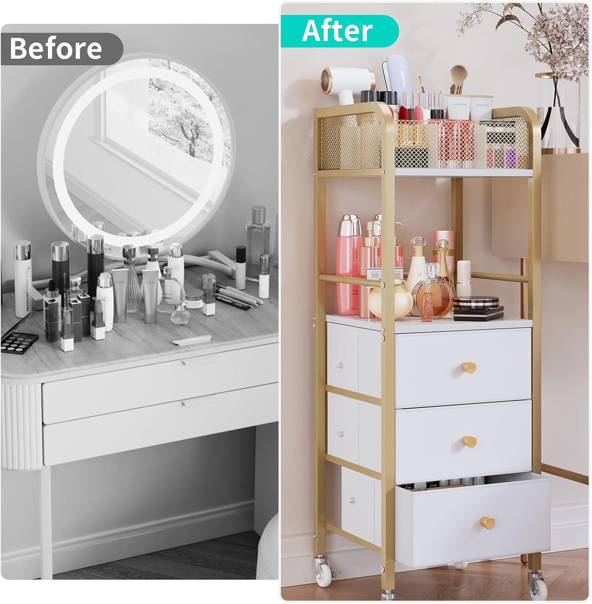 Rolling Makeup Cart Organizer - Floor Skincare Make Up Storage with 3 Non-woven Fabric Drawers, Vanity Organizer Cosmetic Display Cases Holder for Skin Care Perfume Nail Polish Brush Hair Tool