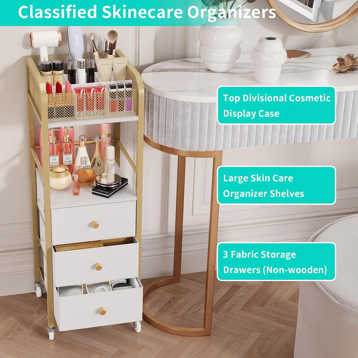 Rolling Makeup Cart Organizer - Floor Skincare Make Up Storage with 3 Non-woven Fabric Drawers, Vanity Organizer Cosmetic Display Cases Holder for Skin Care Perfume Nail Polish Brush Hair Tool