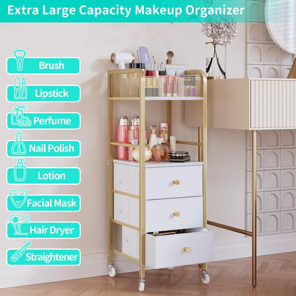 Rolling Makeup Cart Organizer - Floor Skincare Make Up Storage with 3 Non-woven Fabric Drawers, Vanity Organizer Cosmetic Display Cases Holder for Skin Care Perfume Nail Polish Brush Hair Tool