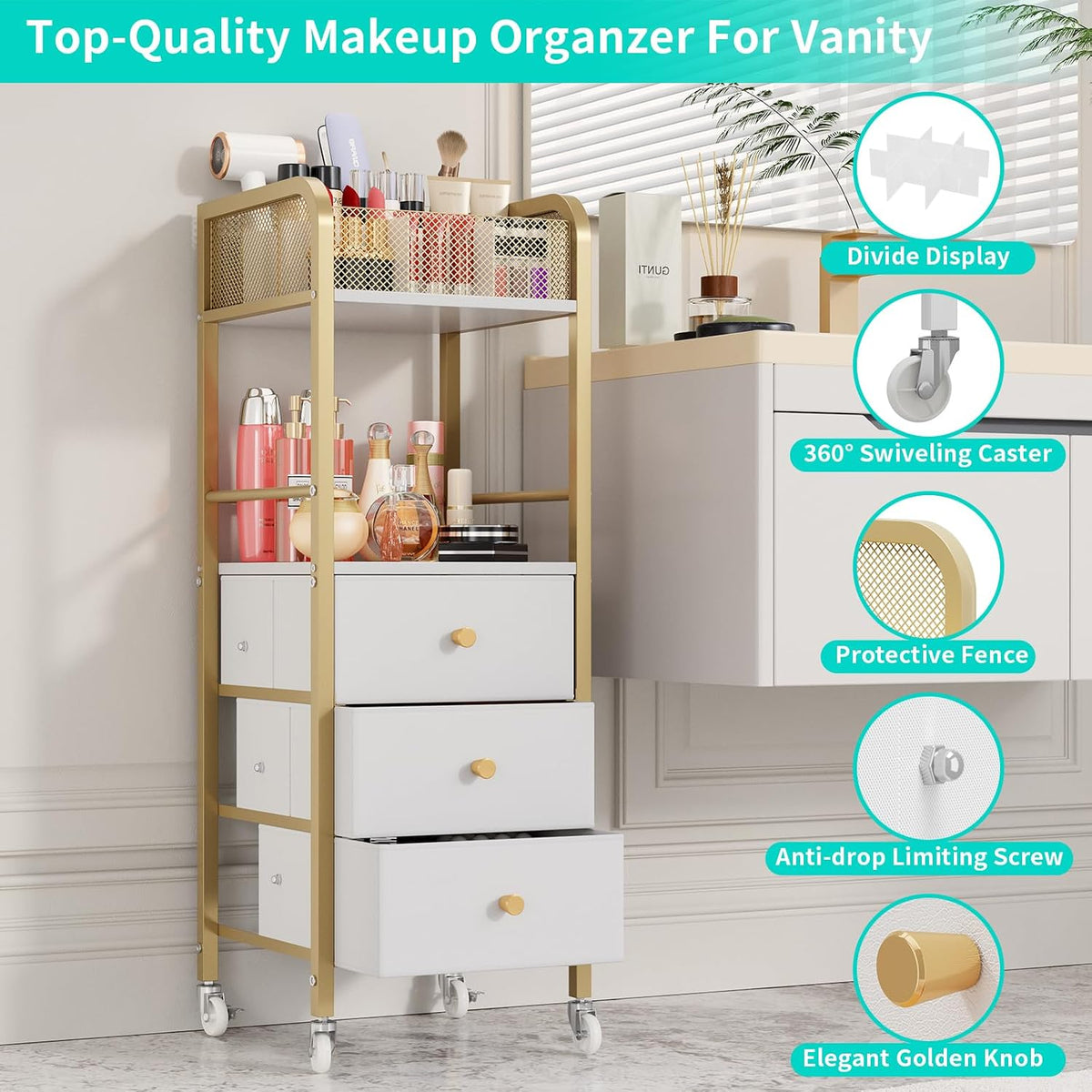 Rolling Makeup Cart Organizer - Floor Skincare Make Up Storage with 3 Non-woven Fabric Drawers, Vanity Organizer Cosmetic Display Cases Holder for Skin Care Perfume Nail Polish Brush Hair Tool