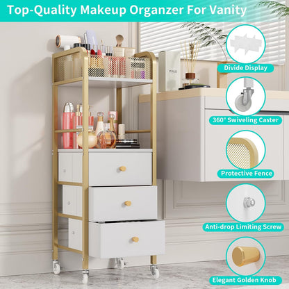 Rolling Makeup Cart Organizer - Floor Skincare Make Up Storage with 3 Non-woven Fabric Drawers, Vanity Organizer Cosmetic Display Cases Holder for Skin Care Perfume Nail Polish Brush Hair Tool
