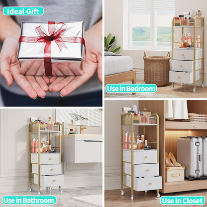Rolling Makeup Cart Organizer - Floor Skincare Make Up Storage with 3 Non-woven Fabric Drawers, Vanity Organizer Cosmetic Display Cases Holder for Skin Care Perfume Nail Polish Brush Hair Tool