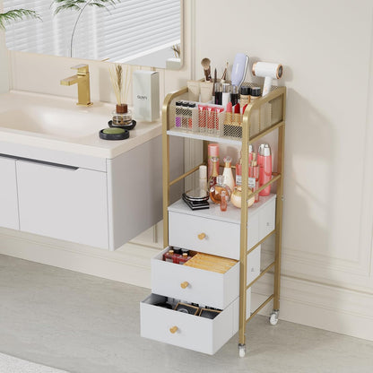 Rolling Makeup Cart Organizer - Floor Skincare Make Up Storage with 3 Non-woven Fabric Drawers, Vanity Organizer Cosmetic Display Cases Holder for Skin Care Perfume Nail Polish Brush Hair Tool