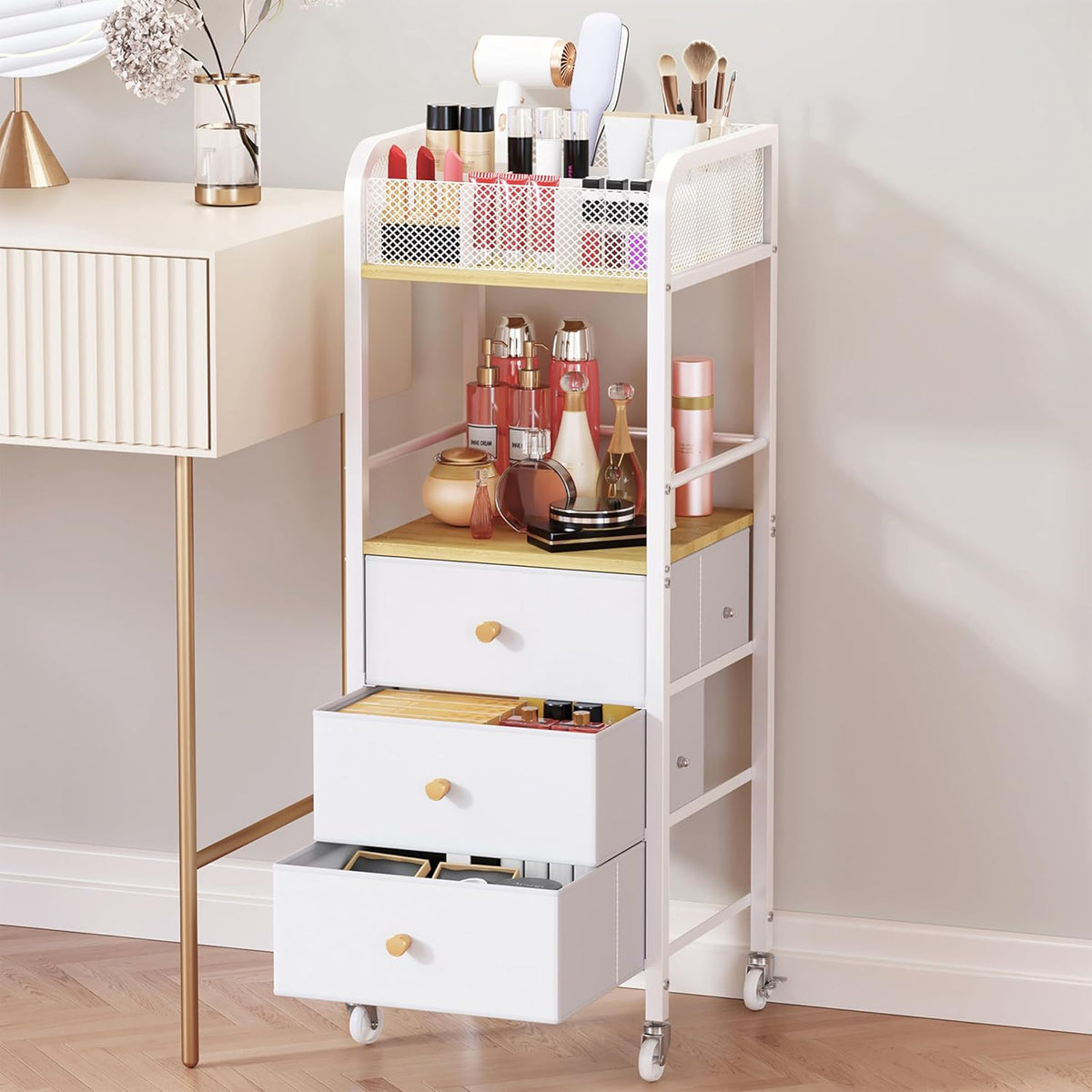 Rolling Makeup Cart Organizer - Floor Skincare Make Up Storage with 3 Non-woven Fabric Drawers, Vanity Organizer Cosmetic Display Cases Holder for Skin Care Perfume Nail Polish Brush Hair Tool