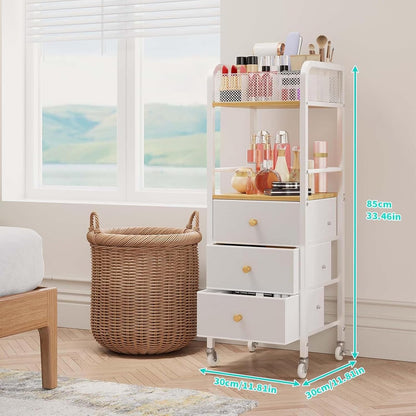 Rolling Makeup Cart Organizer - Floor Skincare Make Up Storage with 3 Non-woven Fabric Drawers, Vanity Organizer Cosmetic Display Cases Holder for Skin Care Perfume Nail Polish Brush Hair Tool
