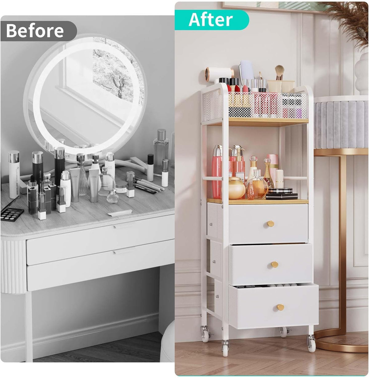 Rolling Makeup Cart Organizer - Floor Skincare Make Up Storage with 3 Non-woven Fabric Drawers, Vanity Organizer Cosmetic Display Cases Holder for Skin Care Perfume Nail Polish Brush Hair Tool