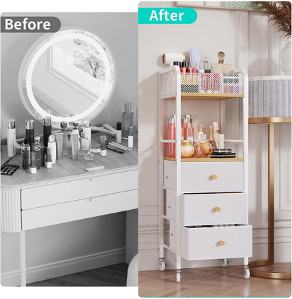 Rolling Makeup Cart Organizer - Floor Skincare Make Up Storage with 3 Non-woven Fabric Drawers, Vanity Organizer Cosmetic Display Cases Holder for Skin Care Perfume Nail Polish Brush Hair Tool