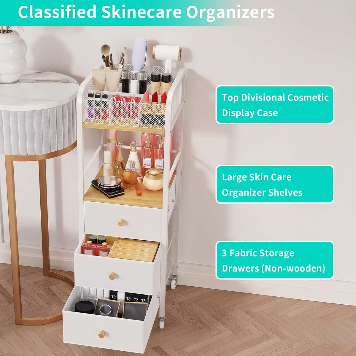 Rolling Makeup Cart Organizer - Floor Skincare Make Up Storage with 3 Non-woven Fabric Drawers, Vanity Organizer Cosmetic Display Cases Holder for Skin Care Perfume Nail Polish Brush Hair Tool