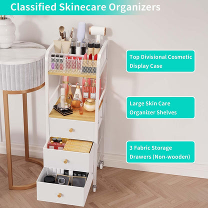Rolling Makeup Cart Organizer - Floor Skincare Make Up Storage with 3 Non-woven Fabric Drawers, Vanity Organizer Cosmetic Display Cases Holder for Skin Care Perfume Nail Polish Brush Hair Tool
