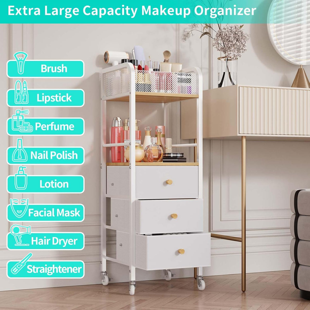 Rolling Makeup Cart Organizer - Floor Skincare Make Up Storage with 3 Non-woven Fabric Drawers, Vanity Organizer Cosmetic Display Cases Holder for Skin Care Perfume Nail Polish Brush Hair Tool